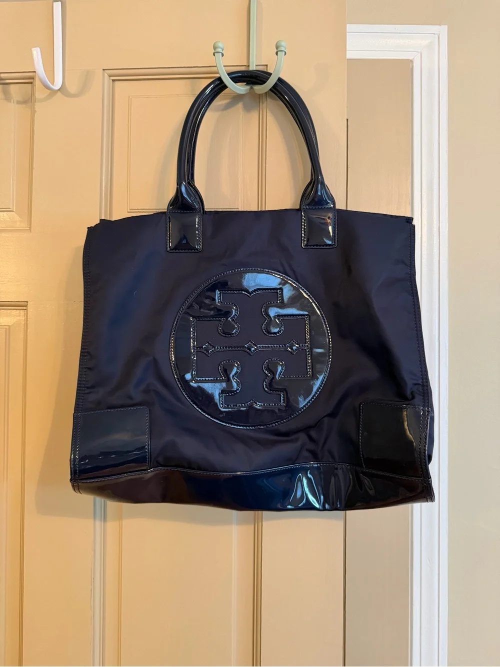 Tory Burch Navy Patent Trim Logo Tote